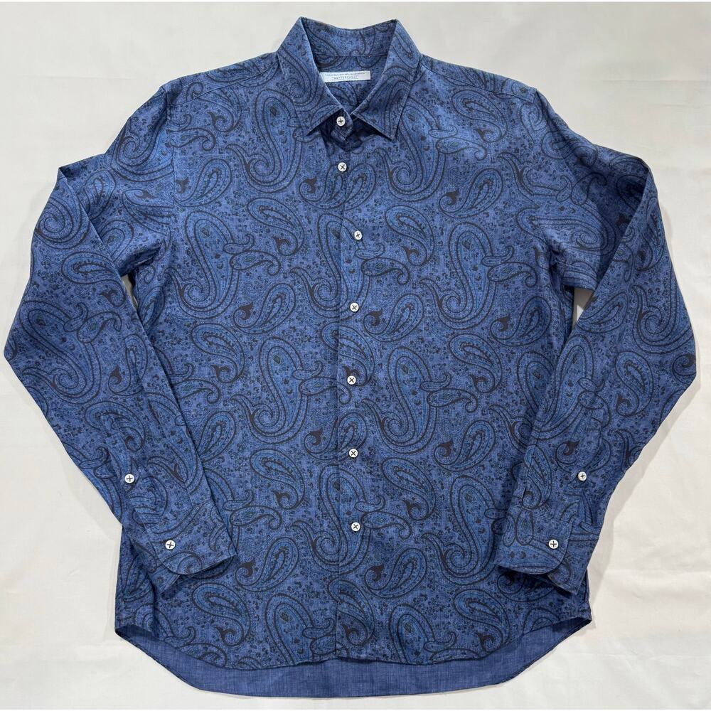 Vincenzo De Lauziers Men's Blue Paisley 100% Linen Shirt Size US16 41 Italy(07)
